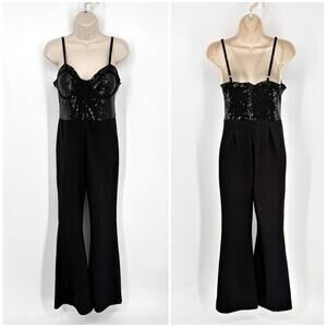 Madden Girl Sequin Corset Bodice Jumpsuit Womens Sz M Black Adjustable Straps
